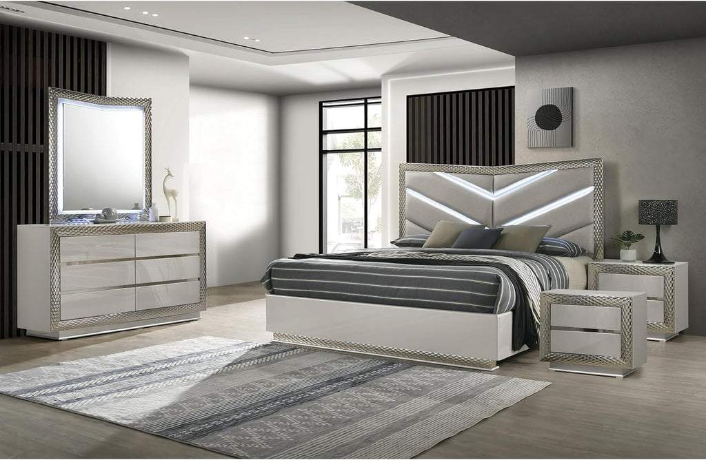 Furniture of America Racken Glam Solid Wood 5-Piece Bedroom Set with LED on Chevron Headboard, Plinth Base, Silver Molding, Metal Side Glide, Felt-Lined Top Drawer, No Box Spring Needed, King, Gray