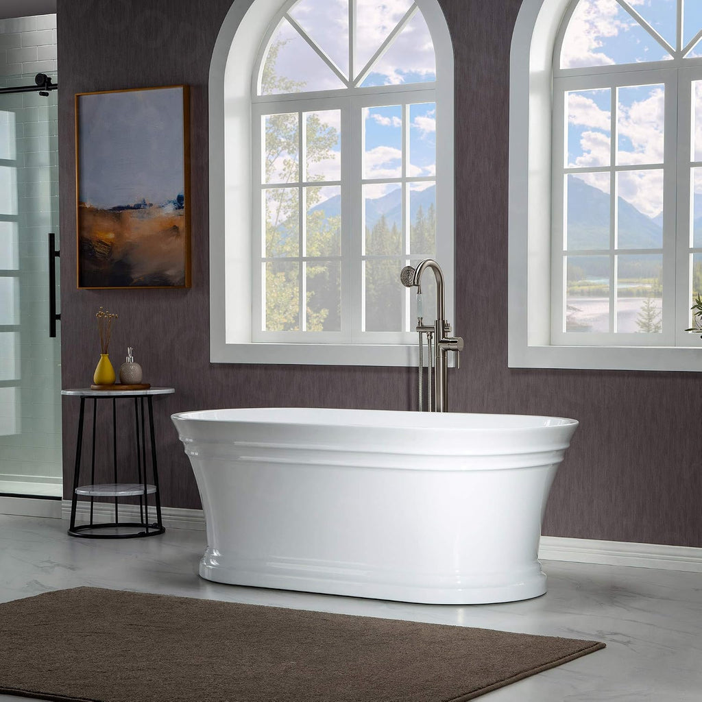 WOODBRIDGE 59'Freestanding White Acylic Soaking Bathtub with White Pillow,Drain and Overflow inChrome,BTA1536 -C-Drain &O+ Pillow