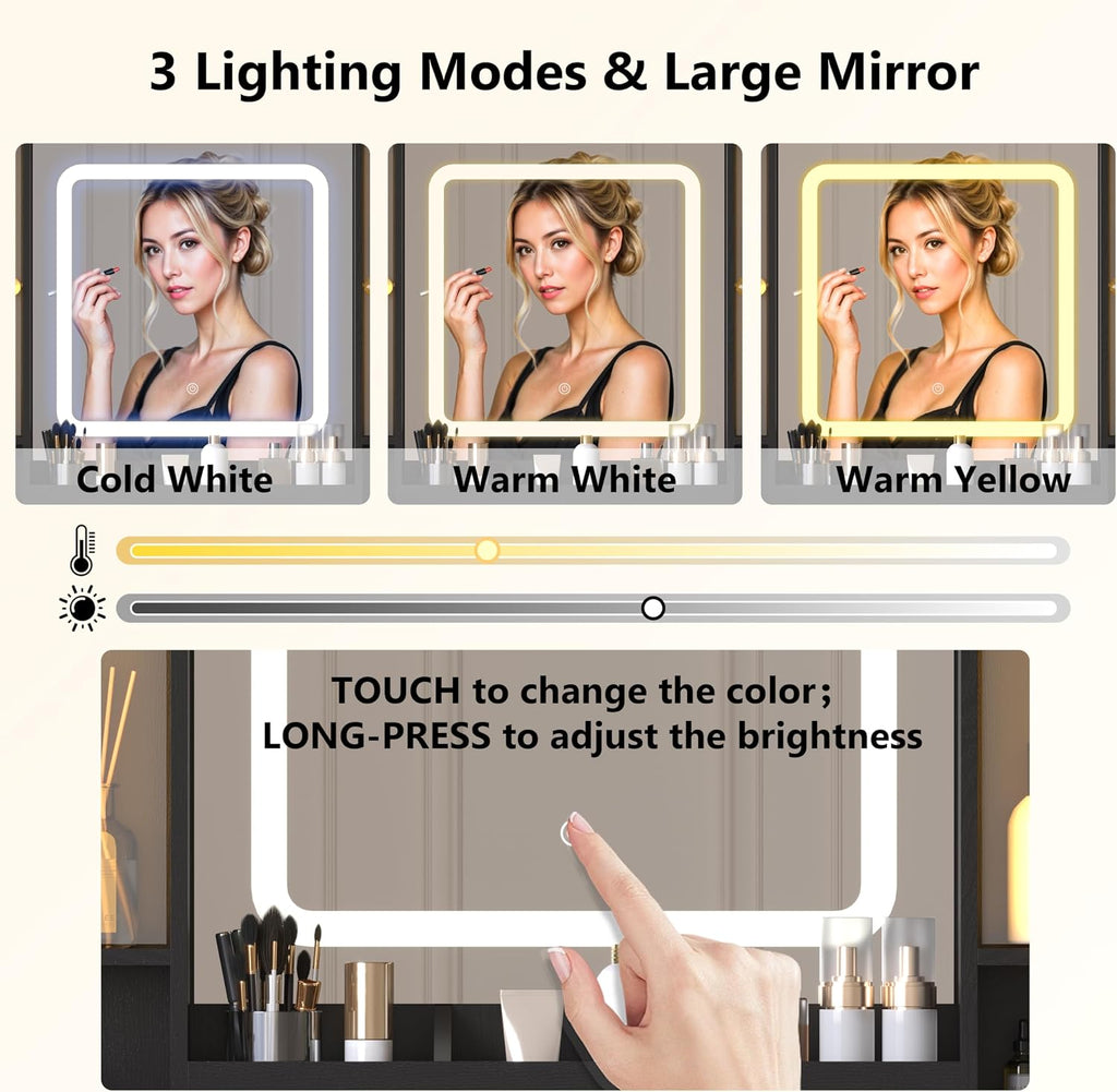 Wodeer Black Makeup Vanity Desk with Mirror & Lights, Modern Vanity Table with Charging Station, 7 Drawers, Glass Cabinet, Adjustable Shelves, Bedroom Dressing Table Set for Women & Girls