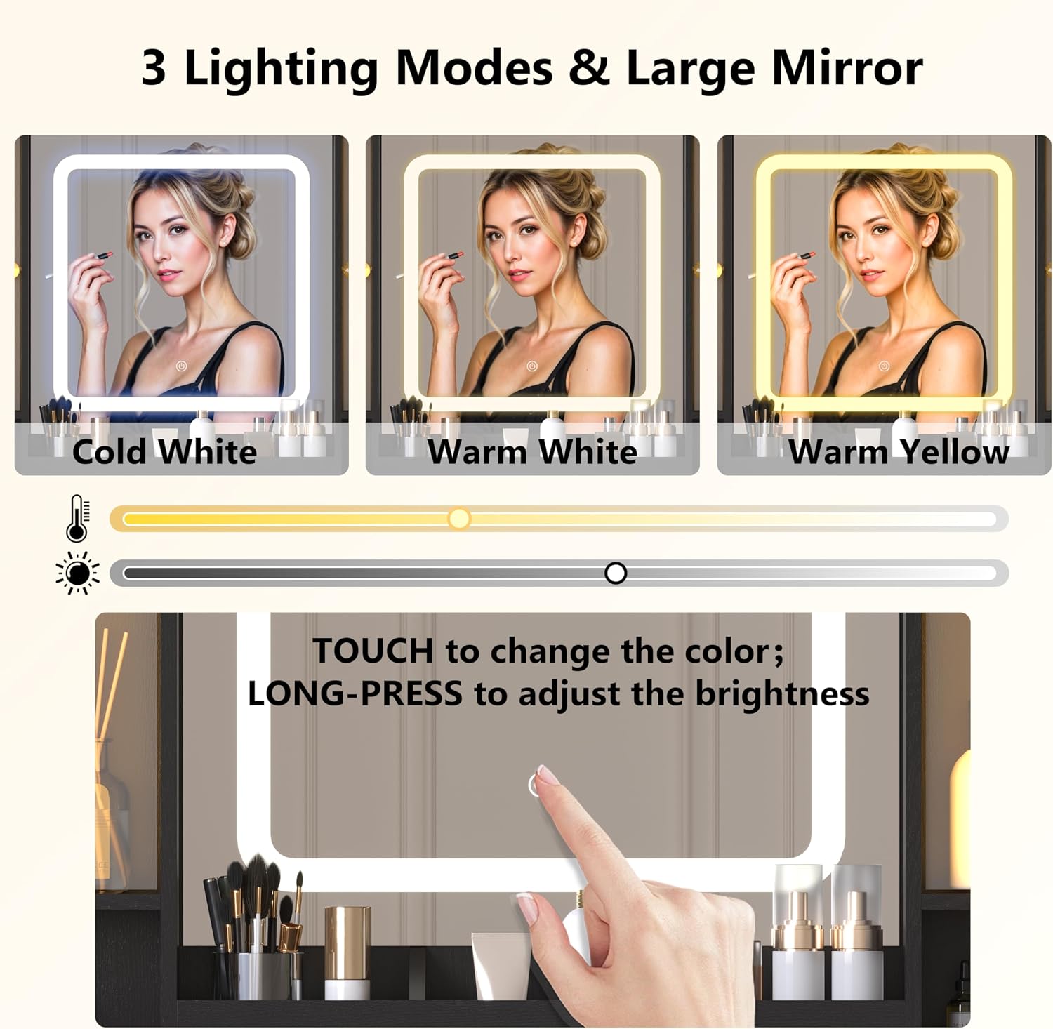Wodeer Black Makeup Vanity Desk with Mirror & Lights, Modern Vanity Table with Charging Station, 7 Drawers, Glass Cabinet, Adjustable Shelves, Bedroom Dressing Table Set for Women & Girls