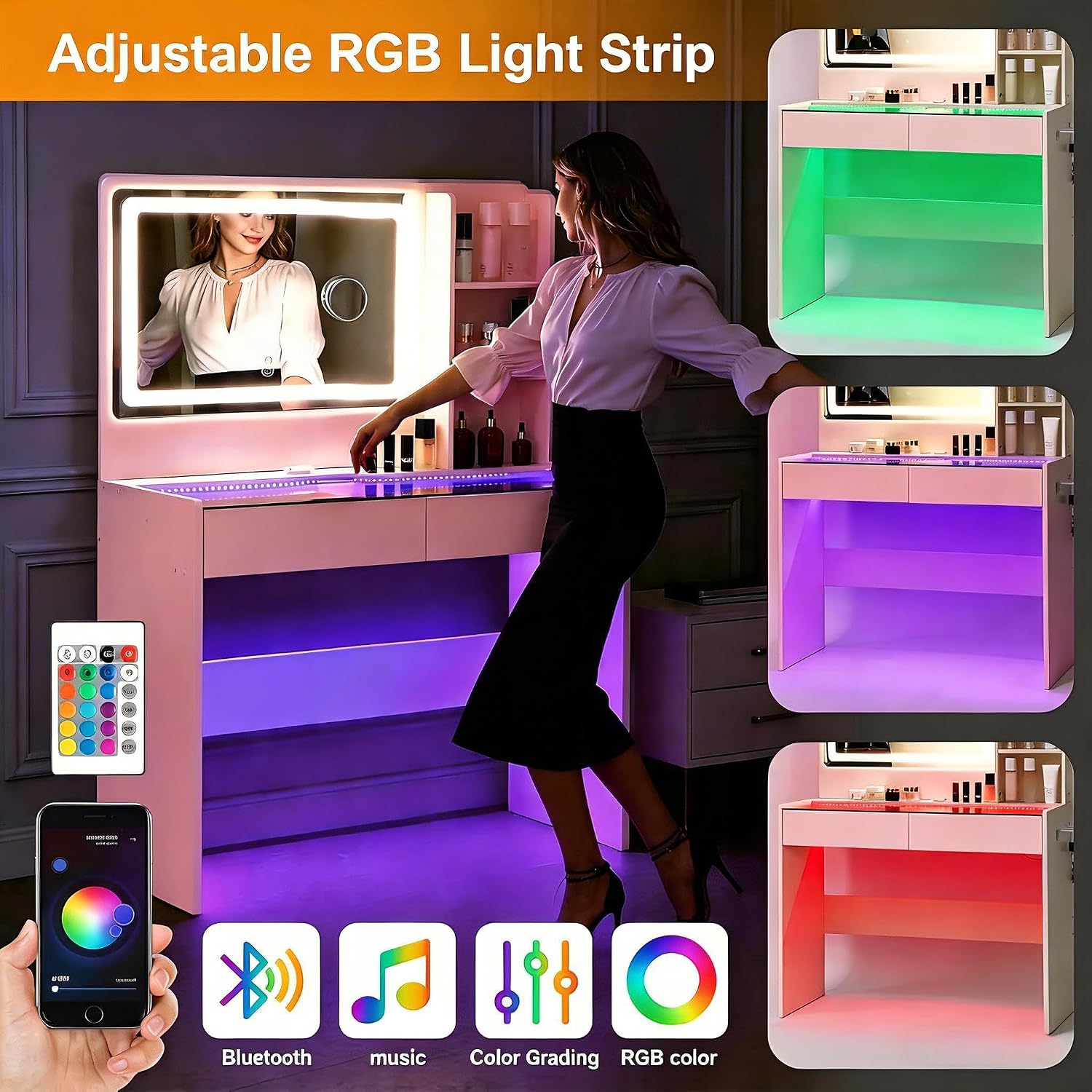 Vanity Desk, Makeup Vanity Desk with Mirror and Lights, Transparent Top with LED Multiple Color Lights, Mirror 3 Color Modes 2 Drawers, Power Outlet, Dressing Table for Girls Bedroom, Pink