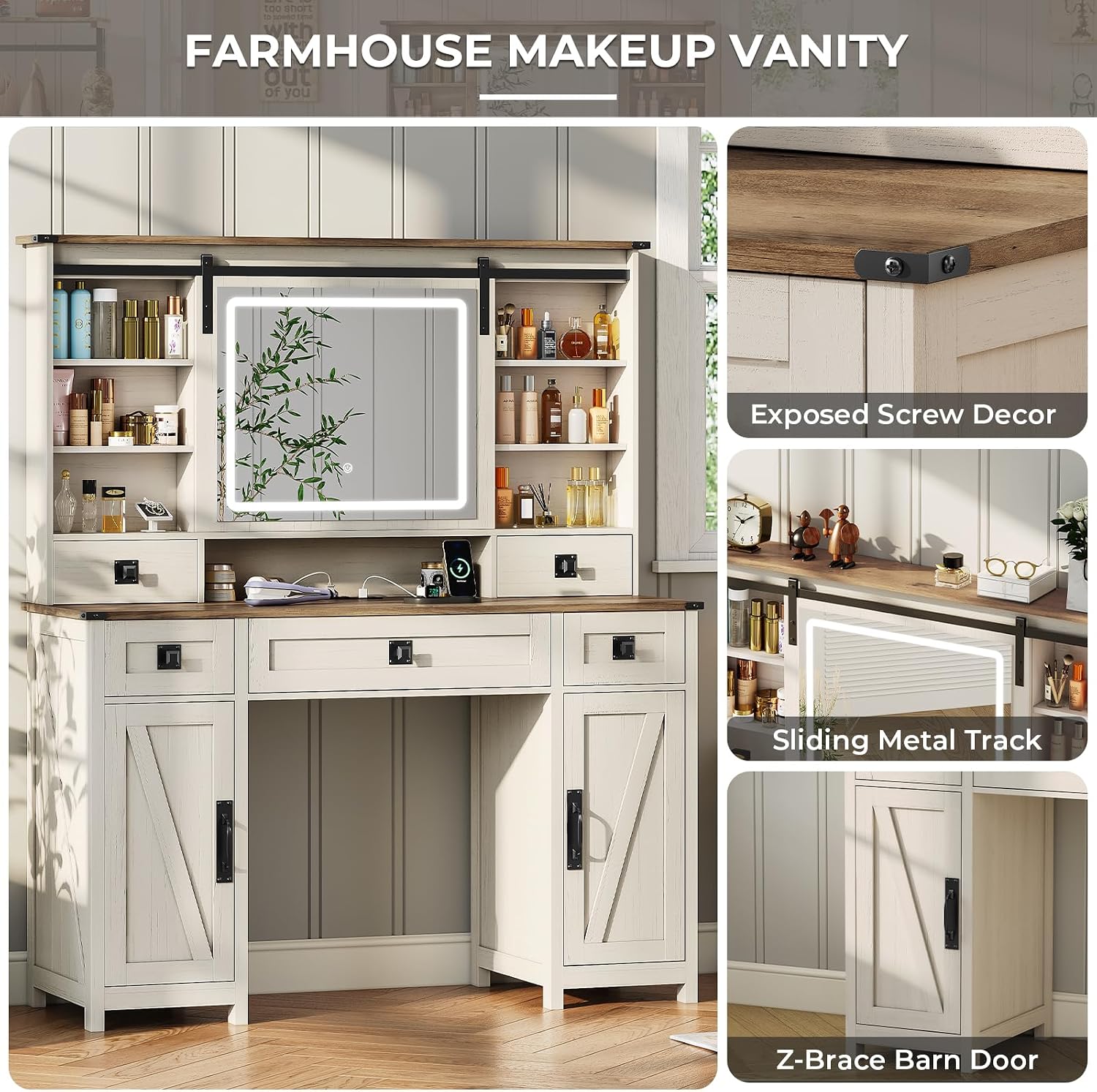 MSmask Farmhouse Makeup Vanity Desk with Sliding Mirror and Lights, 47.2' Big Vanity Table with Charging Station, Makeup Desk with 5 Drawers & 2 Cabinets, White