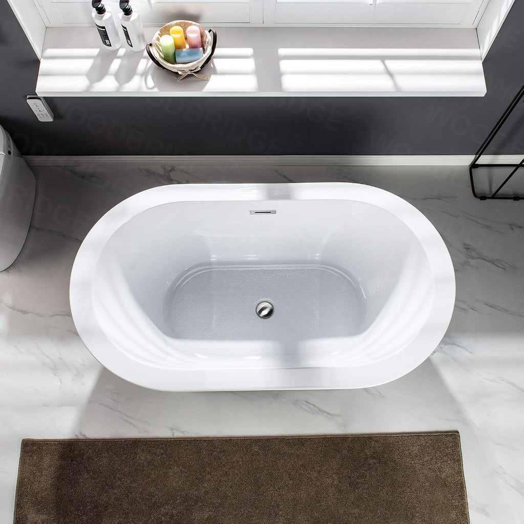 WOODBRIDGE 56' Acrylic Freestanding Bathtub Contemporary Soaking White Tub with Chrome Overflow and Drain，B0088-C-Drain&O