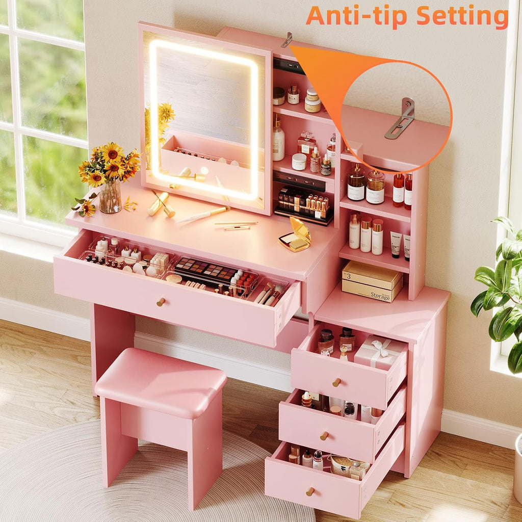 Memobarco Vanity Desk with Mirror and Lights, Makeup Vanity with 3 Adjustable Lighting Modes, Small Vanity Desk with Sliding Mirror, 4 Drawers, 7 Shelves, Vanity Chair for Bedroom, Pink