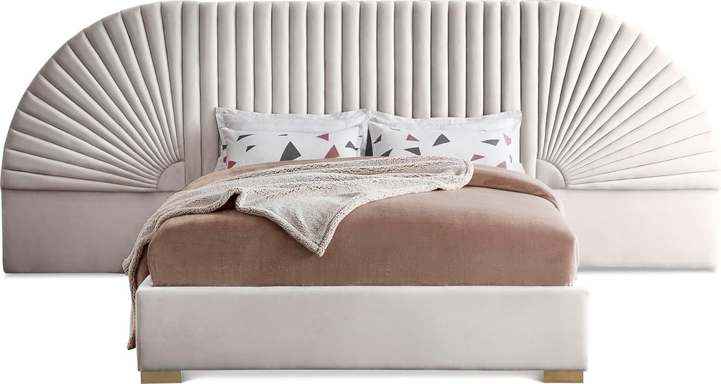 Meridian Furniture Cleo Collection Modern | Contemporary Velvet Upholstered Bed with Gold Steel Legs and Removable Panels, Queen, Cream