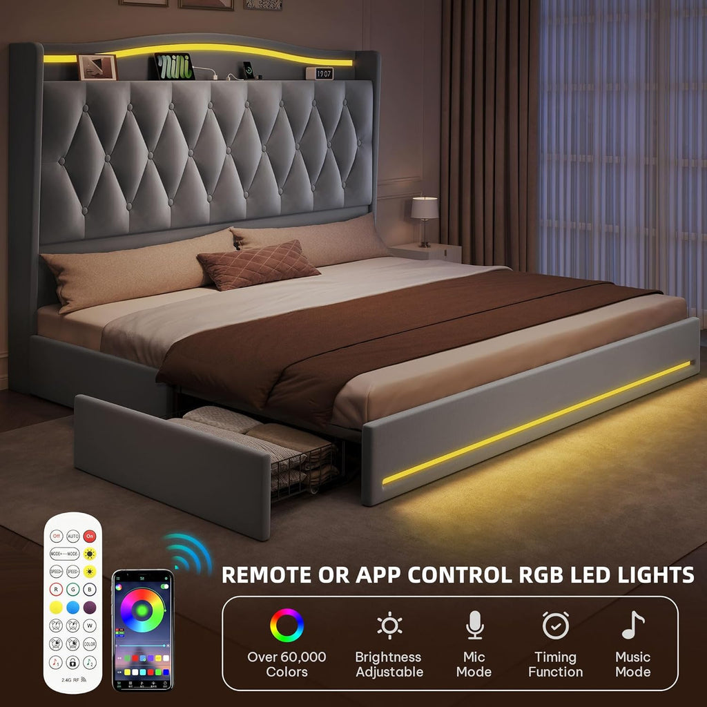 DWVO King Size Bed Frame with 4 Storage Drawers and RGB LED Lights, 57'' Tall Headboard Velvet Upholstered Bed with Charging Station, No Box Spring Needed, Easy Assembly, Noise-Free, Grey