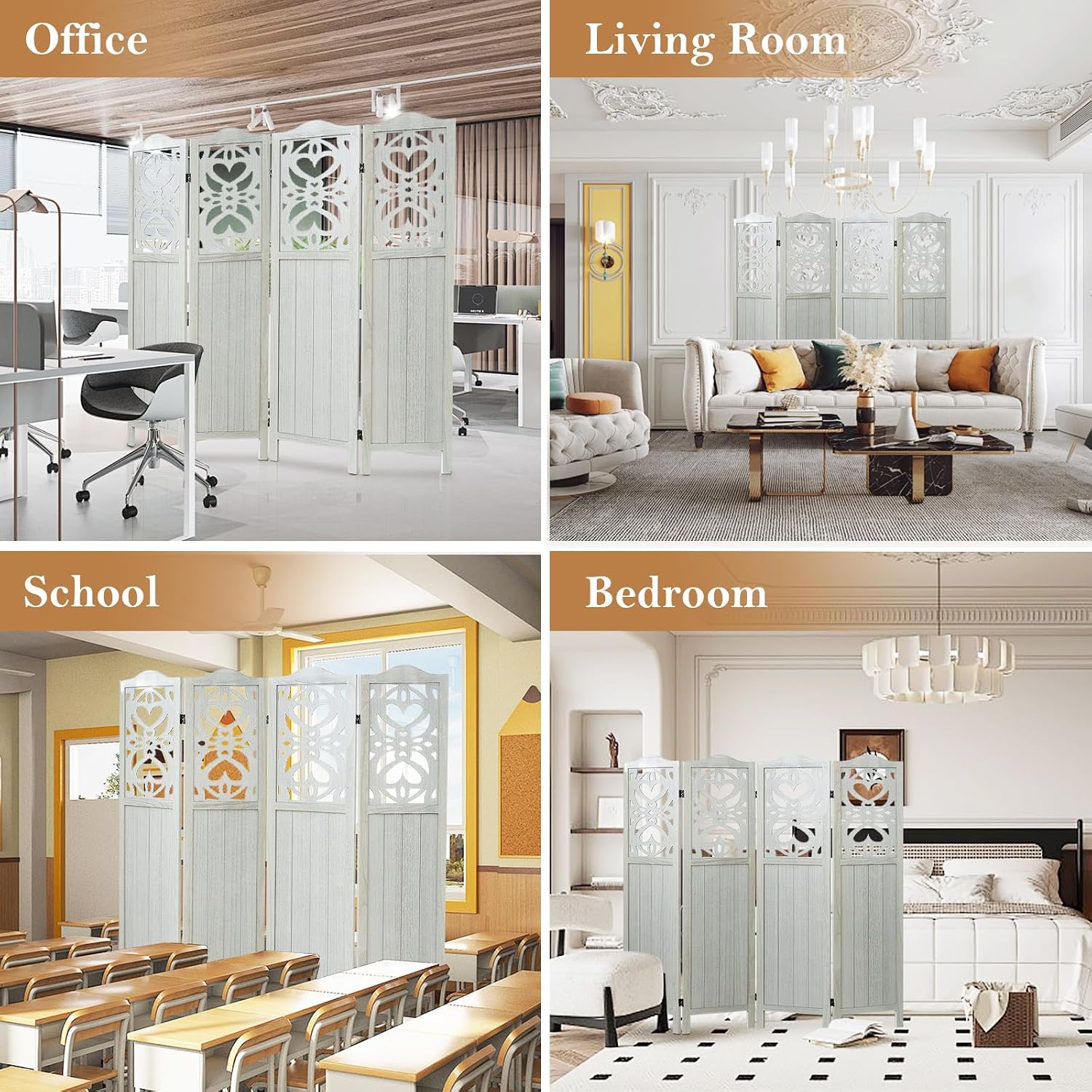 Wood Room Divider 4 Panel 5.6Ft Carved Room Divider and Folding Privacy Screen, Minimalism Portable Partition Screen Divider for Room Separation, Room Decoration for Home Office - White