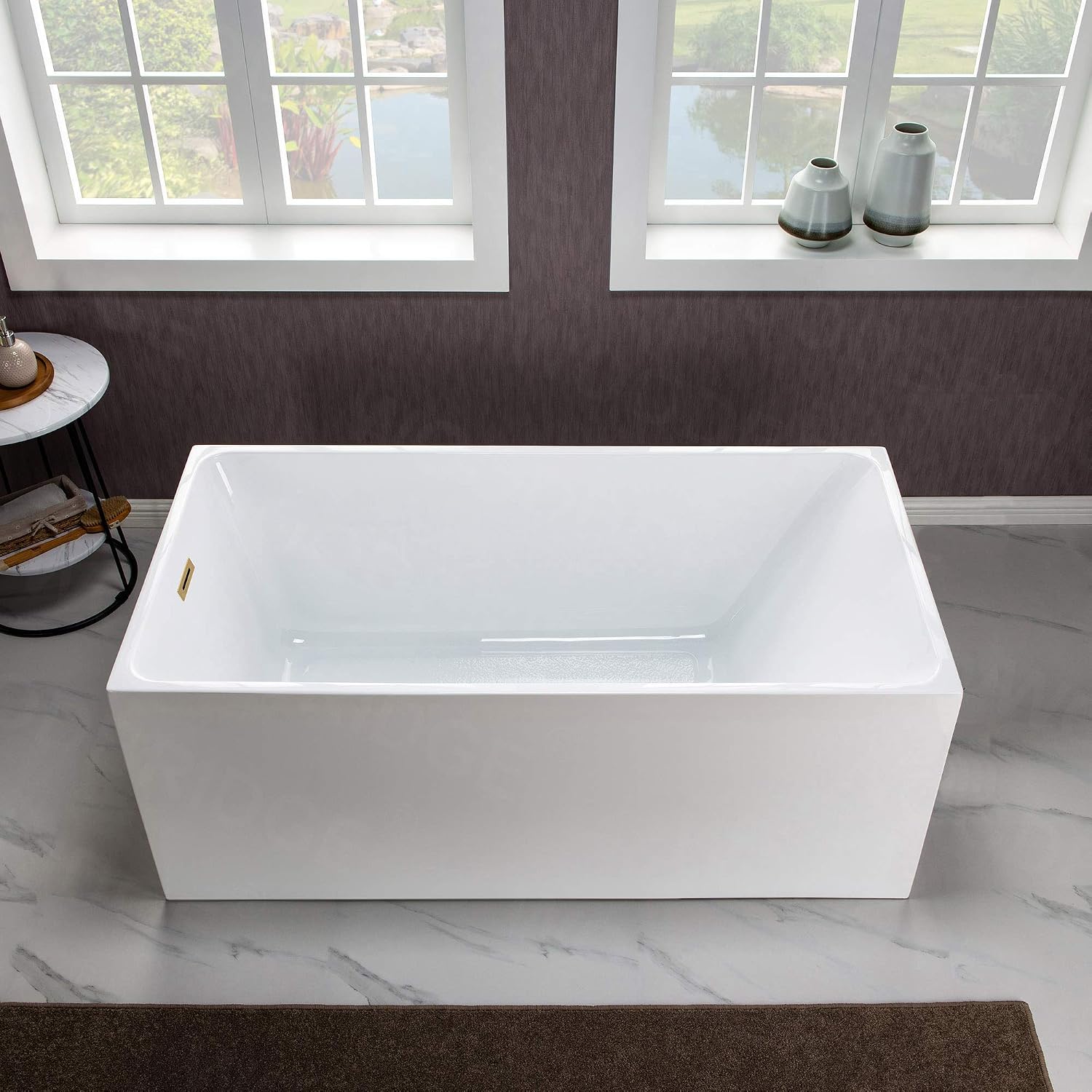 WOODBRIDGE 59' Acrylic Freestanding Bathtub Contemporary Soaking White Tub with Brushed Gold Overflow and Drain，B0085-BG-Drain&O