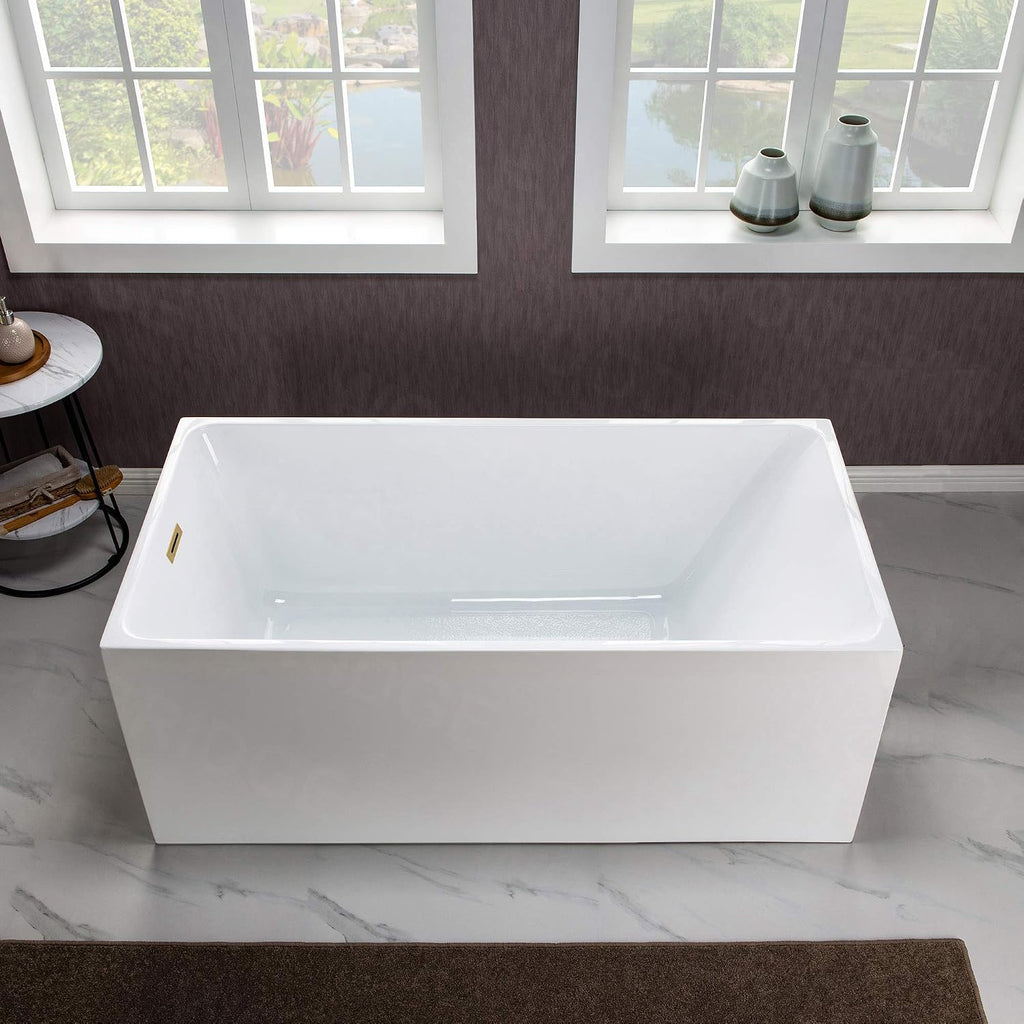 WOODBRIDGE 67' Acrylic Freestanding Bathtub Contemporary Soaking White Tub with Brushed Gold Overflow and Drain，B0086-BG-Drain&O