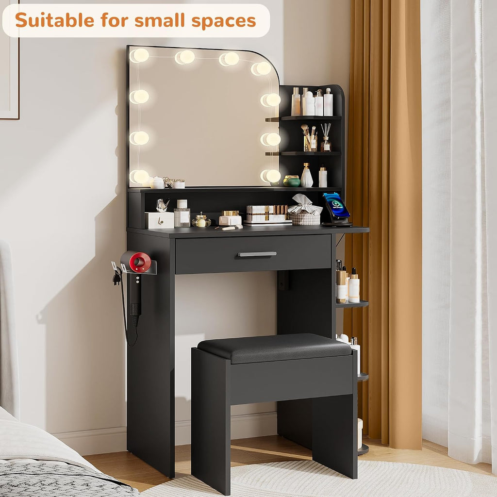 wanan Makeup Vanity with Chair, Small Vanity Desk with Mirror and Lights 3 Colors, Girls Vanity Set with Power Outlet, Compact Vanity Table for Small Space, Black