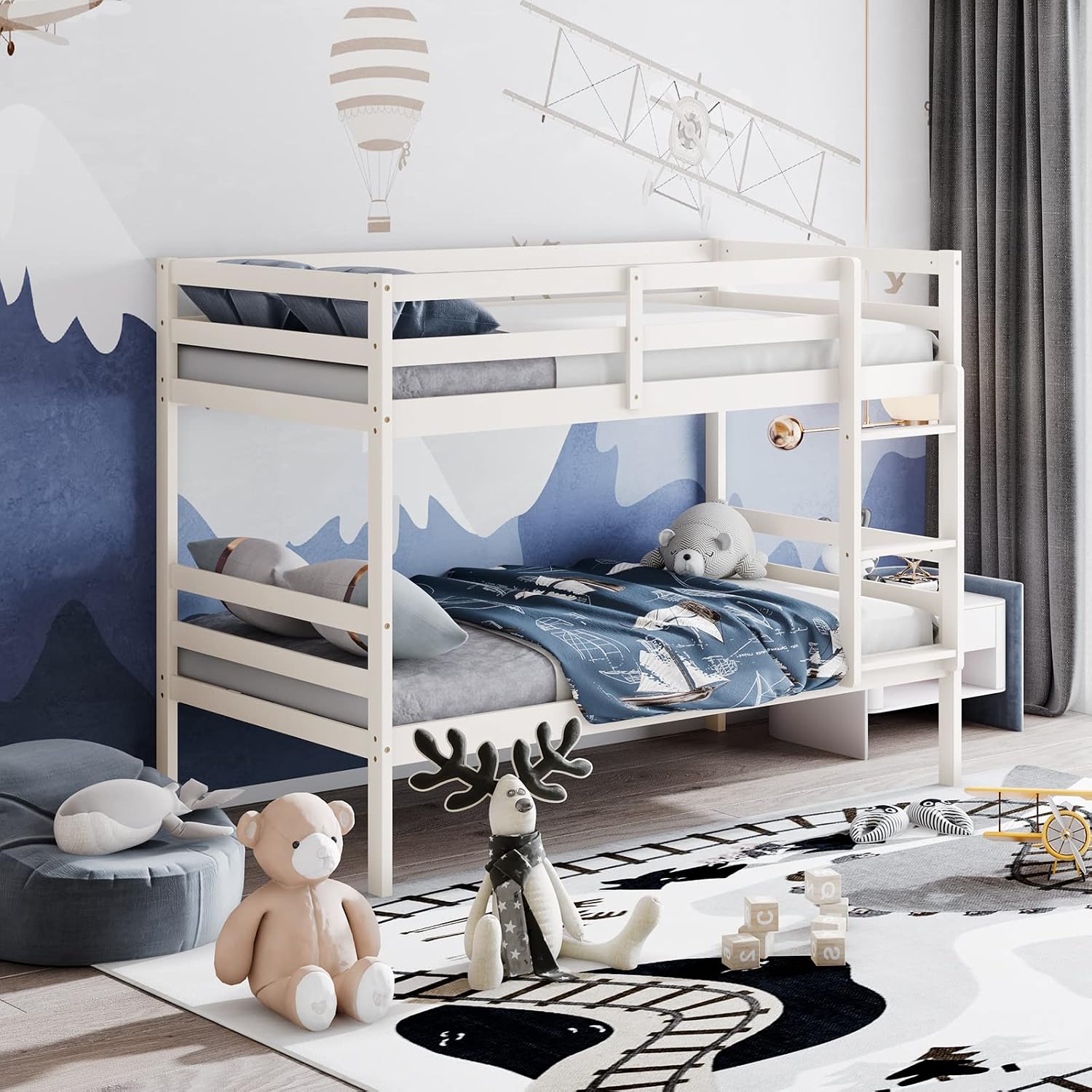 KOMFOTT Wood Bunk Bed Twin Over Twin, Bunk Bed with Ladder & Safety Guardrail, Solid Wood Bed Frame, Ideal for Dormitory & Multiple-Child Family, No Box Spring Needed, Kids Bed Frame