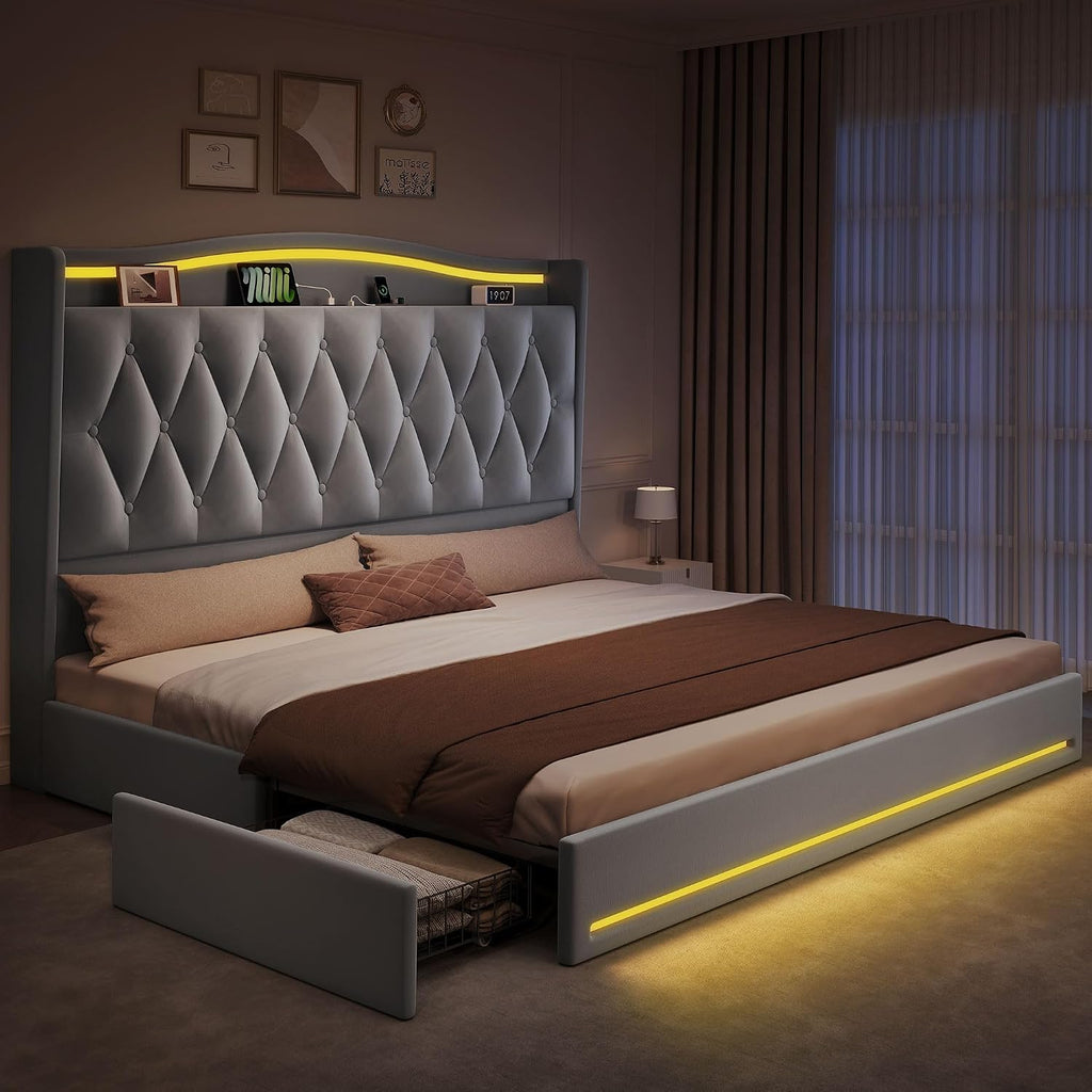 DWVO King Size Bed Frame with 4 Storage Drawers and RGB LED Lights, 57'' Tall Headboard Velvet Upholstered Bed with Charging Station, No Box Spring Needed, Easy Assembly, Noise-Free, Dark Grey