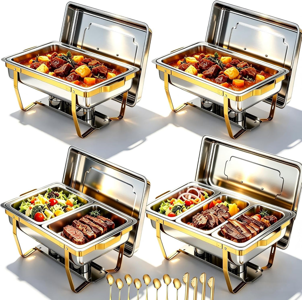 4 Pack Stainless Steel Chafing Dishes for Buffet, 9 QT Capacity with 7 Pans and Serving Utensils Food Warmers for Parties, Weddings, Events Hosting, Family Gatherings,Upgraded Base Design