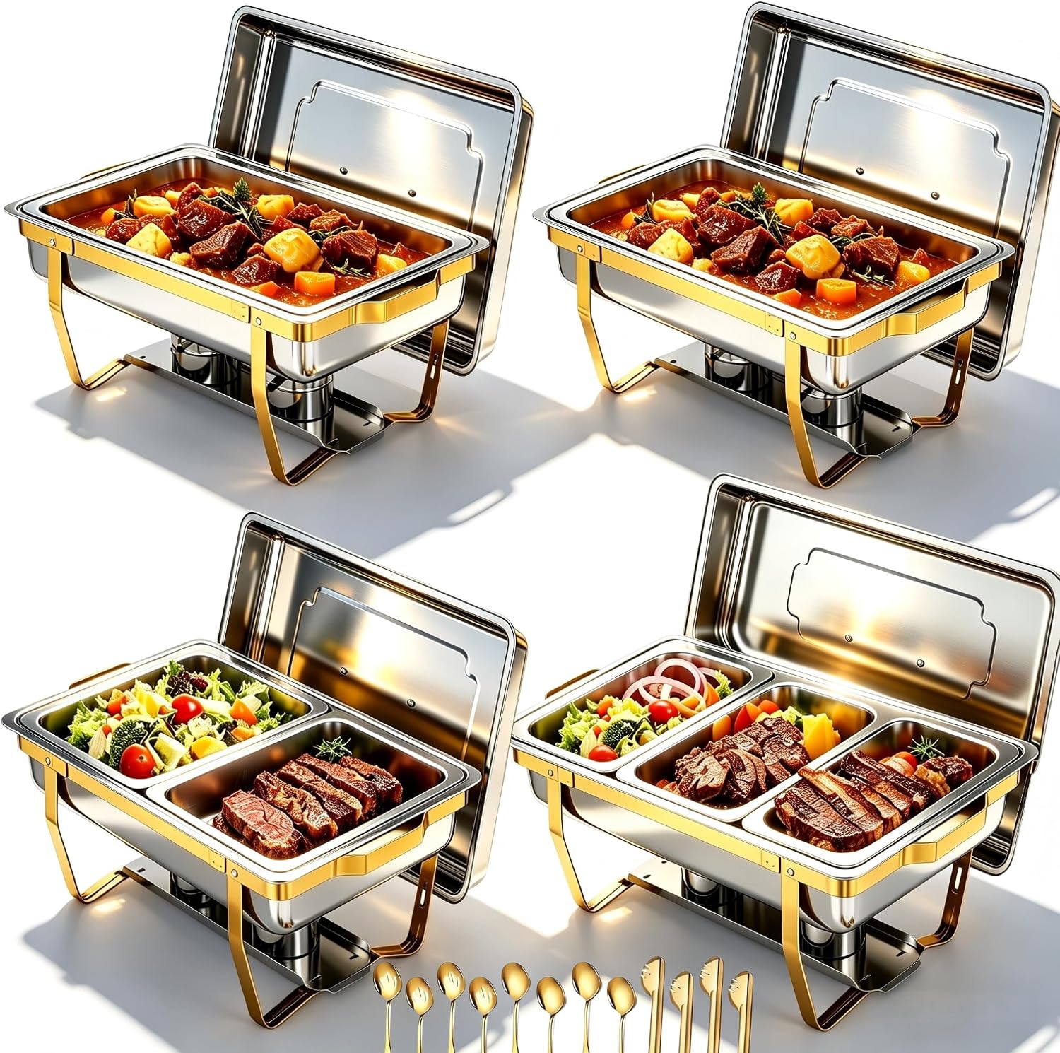 4 Pack Stainless Steel Chafing Dishes for Buffet, 9 QT Capacity with 7 Pans and Serving Utensils Food Warmers for Parties, Weddings, Events Hosting, Family Gatherings,Upgraded Base Design
