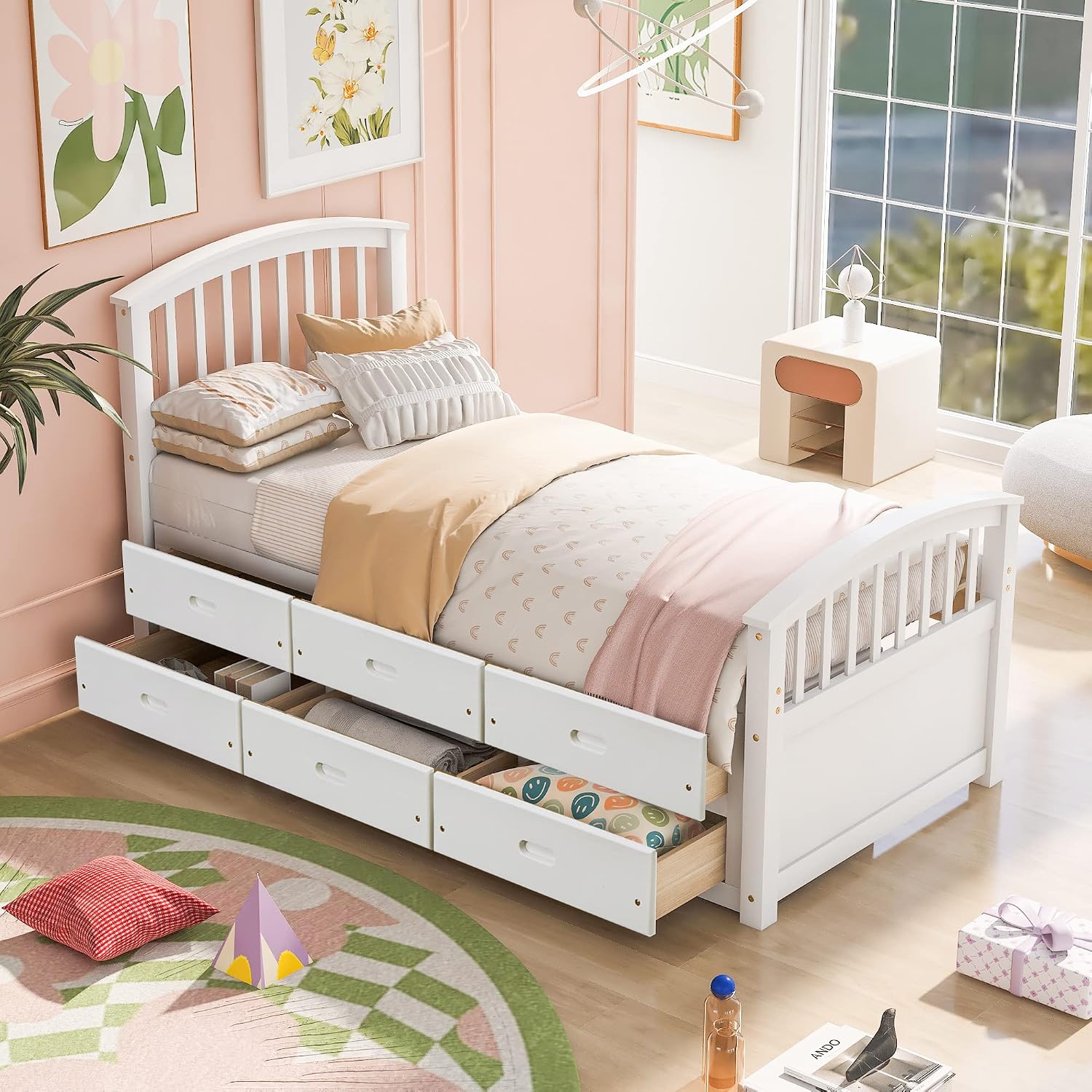 SOFTSEA Twin Captain Bed for Kids, Solid Wood Storage Bed with 6 Drawers, No Box Spring Needed, White