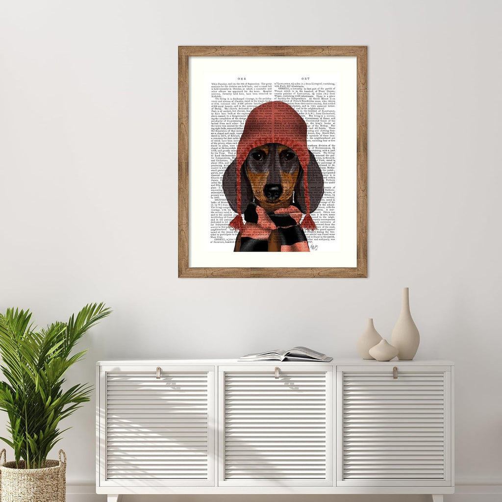 Amanti Art Framed Wall Art Print 44x36 Dachshund in Pink Hat and Scarf by Fab Funky, Animals Wall Art, Vintage Decor, X-Large Poster Painting Artwork for Living Room, Bedroom, Bathroom, Kitchen,