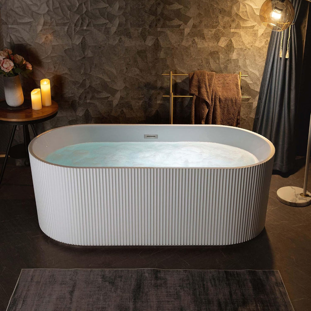 WOODBRIDGE 67' L x 31-1/2' W Freestanding Contemporary Soaking Bathtub,Unique Pleated Design,with Brushed Nickel Pop-Up Drain Drain and Overflow Option, White,B1526-B/N