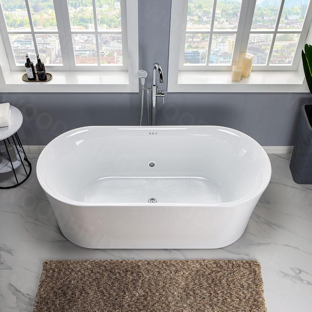 WOODBRIDGE 67' Air Bubble Acrylic Freestanding Bathtub Contemporary Soaking Tub, White Acrylic wirh Matte Black Drain and Overflow,B0101-MB