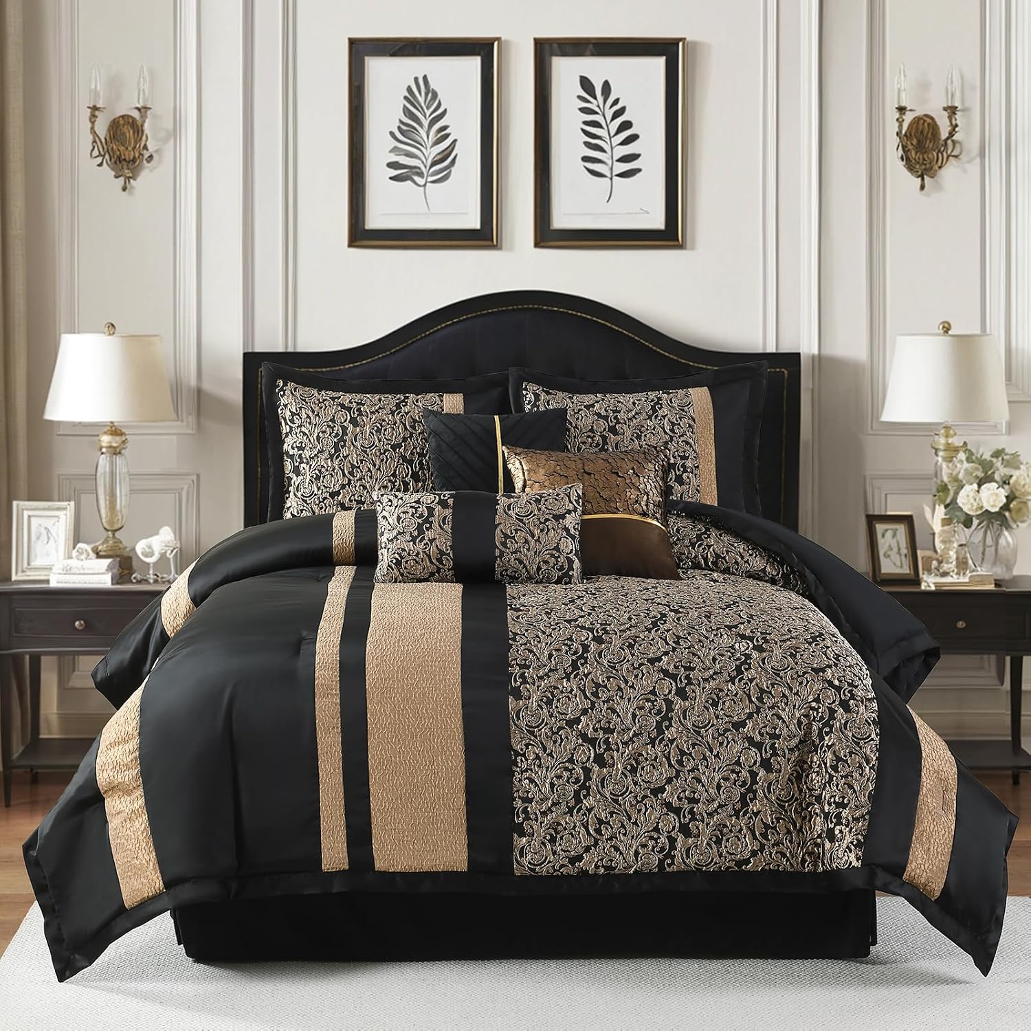 PANGUSHAN 7 Pieces Comforter Set King Size, Luxury Silky Elegant Jacquard Fluffy Reversible Bedding Set with Bed Skirt, Shams and Pillows, Bed in a Bag King, Down Alternative, Black/Gold
