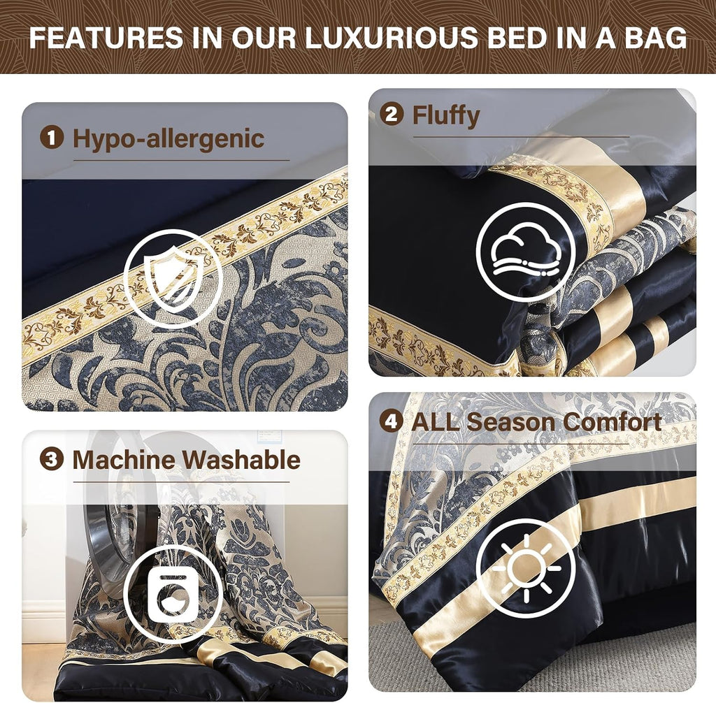 SahSahCasa 7-Piece Luxury California King Comforter Set, Cal King Comforter, Bed in a Bag California King, Jacquard Fluffy Comforter Bedding Set with Bedskirt, Pillows, Down-Alternative, Navy/Gold