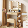 wanan Makeup Vanity with Chair, Small Vanity Desk with Mirror and Lights 3 Colors, Girls Vanity Set with Power Outlet, Compact Vanity Table for Small Space, Oak