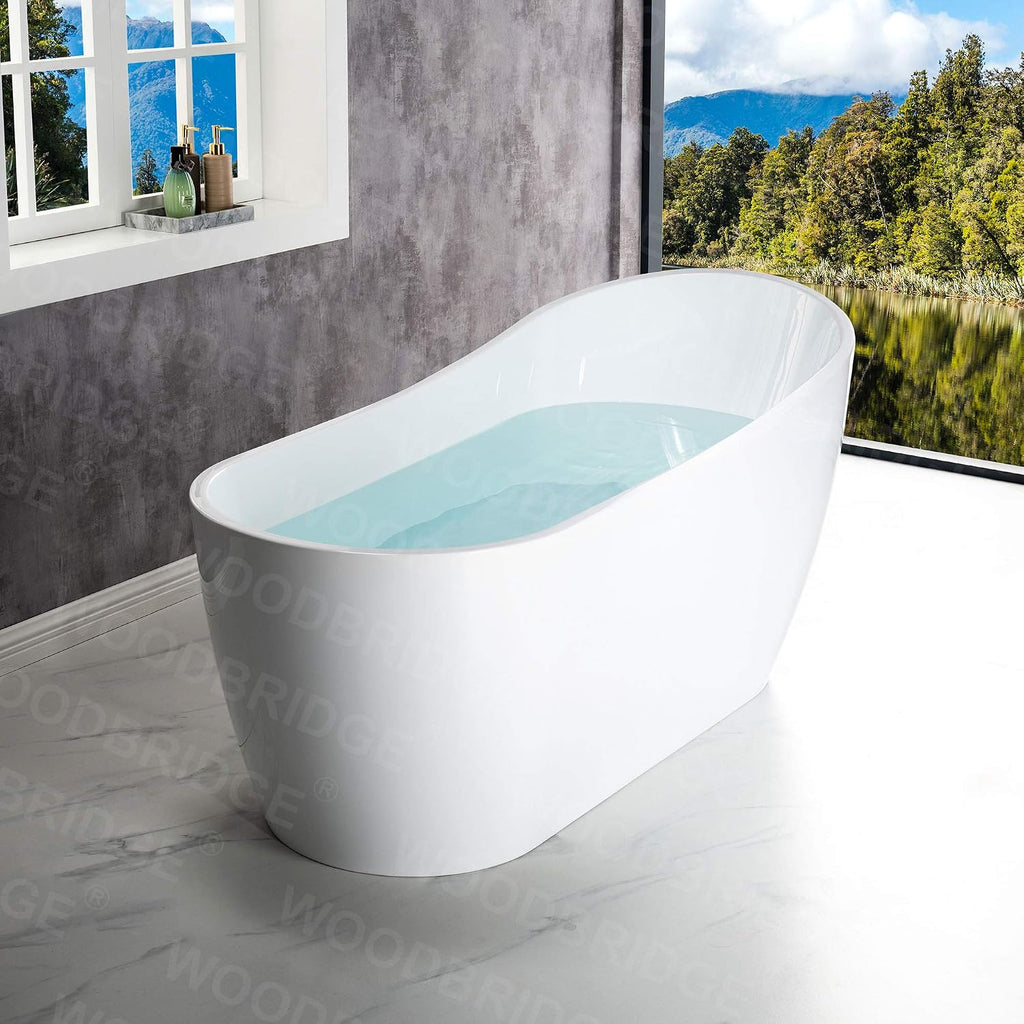 WOODBRIDGE 67'Freestanding White Acylic Soaking Bathtub with White Pillow,Drain and Overflow in Matte Black,BTA1508 -MB-Drain &O+ Pillow