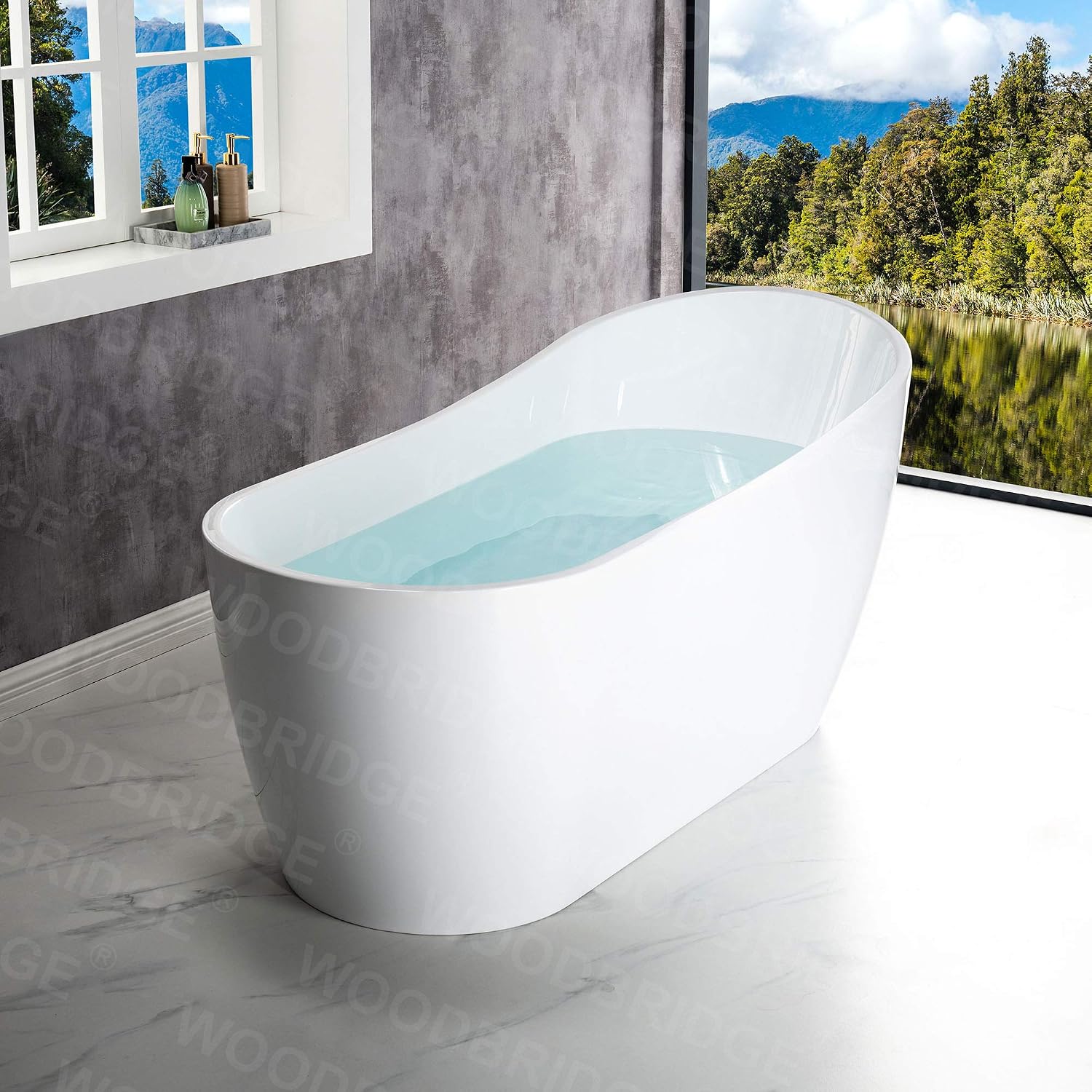 WOODBRIDGE 67'Freestanding White Acylic Soaking Bathtub with White Pillow,Drain and Overflow in Matte Black,BTA1508 -MB-Drain &O+ Pillow