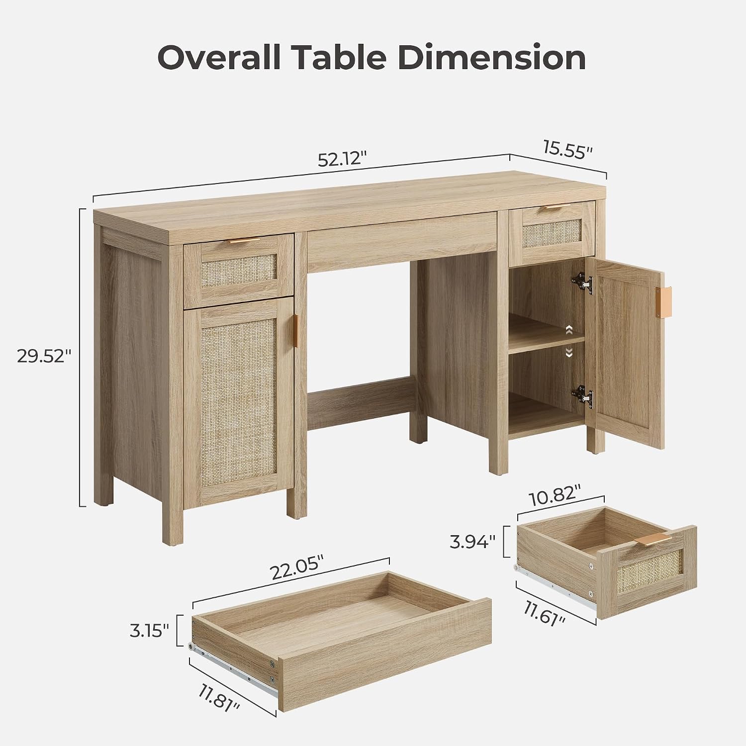 SICOTAS 2 Pieces Rattan Vanity Home Office Desk - Big Boho Makeup Vanities Benches with Drawers & Storage Cabinets, Dressing Vanity Table for Makeup Room, Bedroom, Home Office, Light Oak