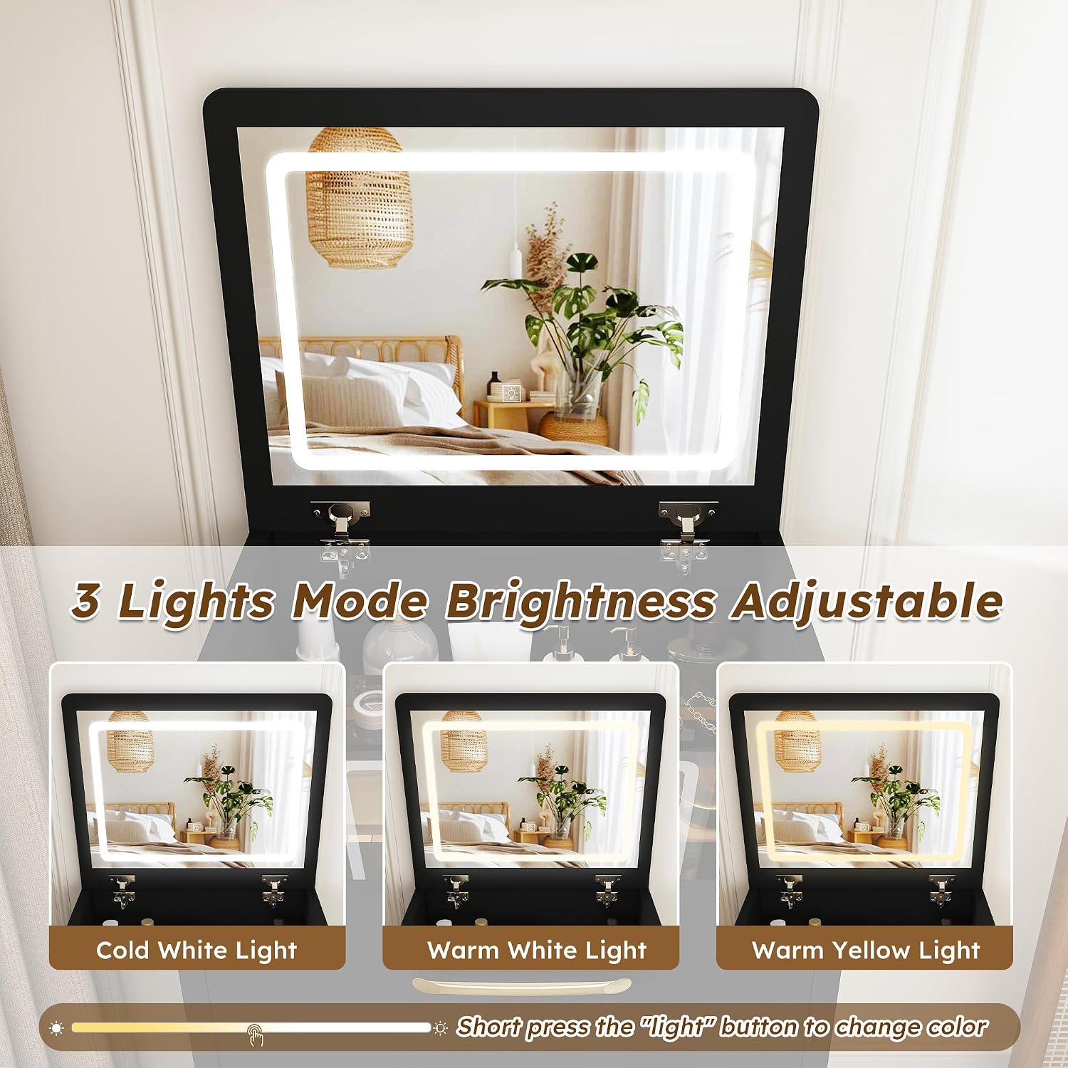 3 in 1 Vanity Desk with Plip Top Mirror and Lights,Small Make Up Vanity Set with Visible Glass Desktop,Compact Makeup Vanity with 3 Drawers,Dressing Table for Bedroom,Black