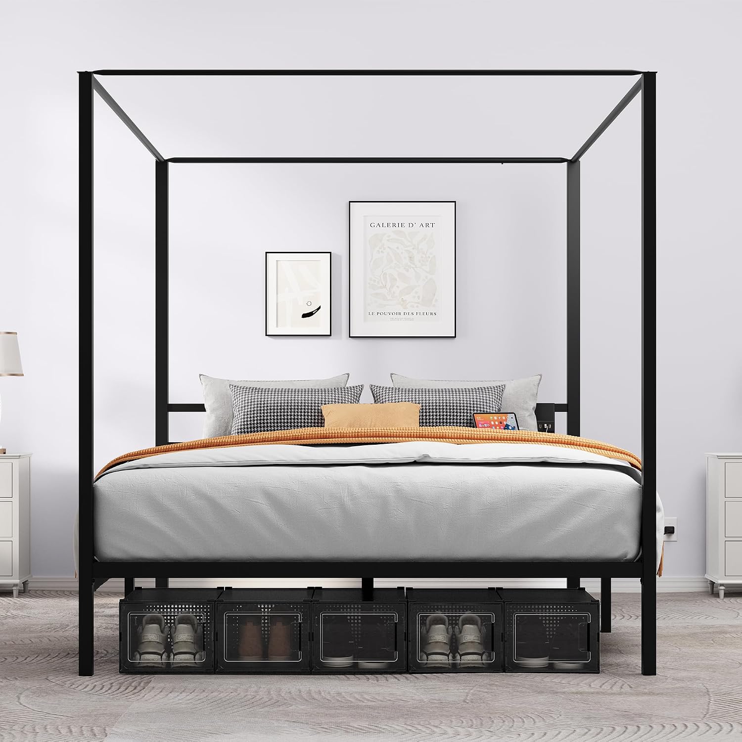 YITAHOME Canopy Bed Frame, Queen Size Metal Bed Frame with USB Charging Station, Four Poster Platform Bed with Metal Slats Support, 12.4 inch Storage Beneath Bed, No Box Spring Needed, Black