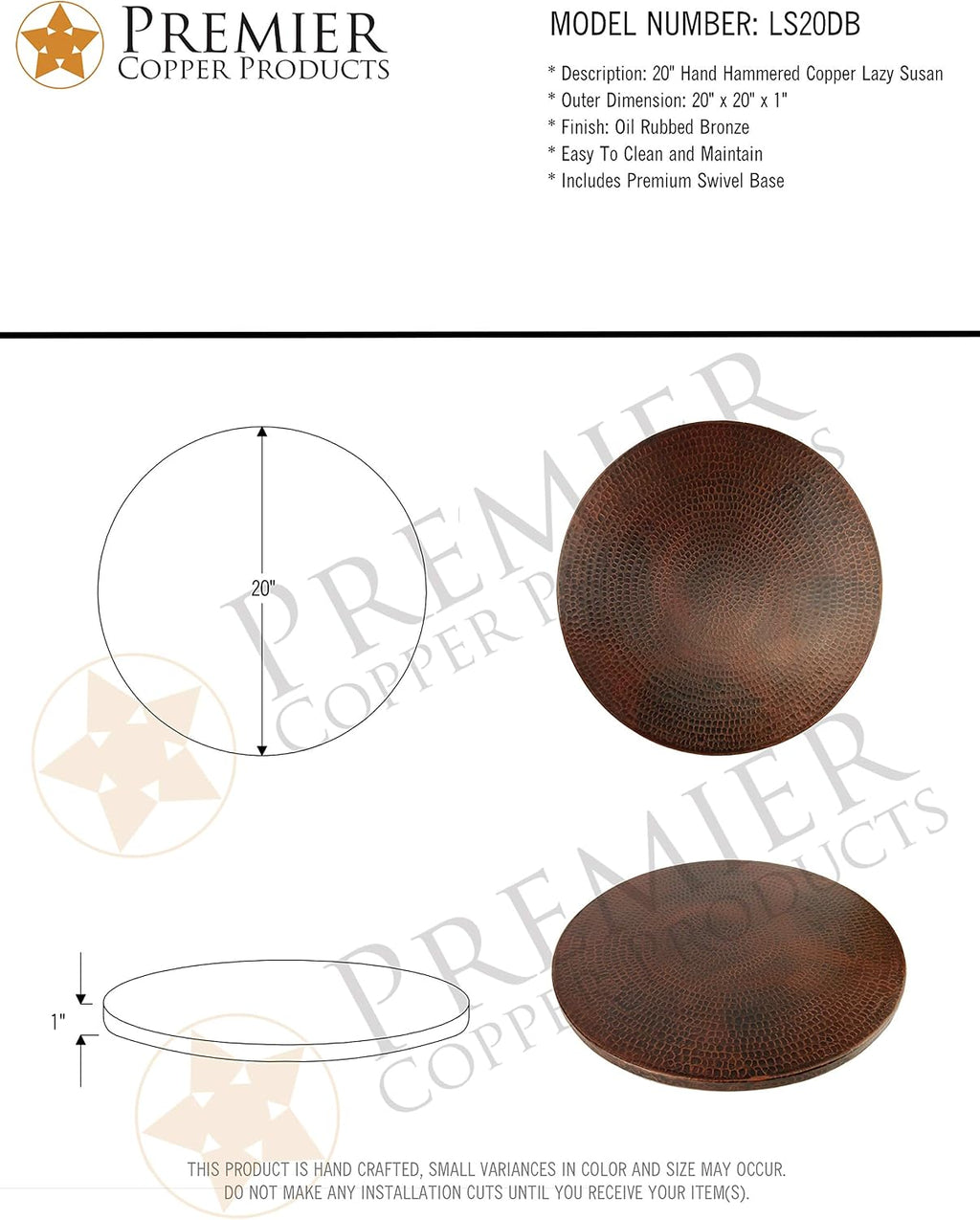 Premier Copper Products LS20DB 20-Inch Hand Hammered Copper Lazy Susan, Oil Rubbed Bronze