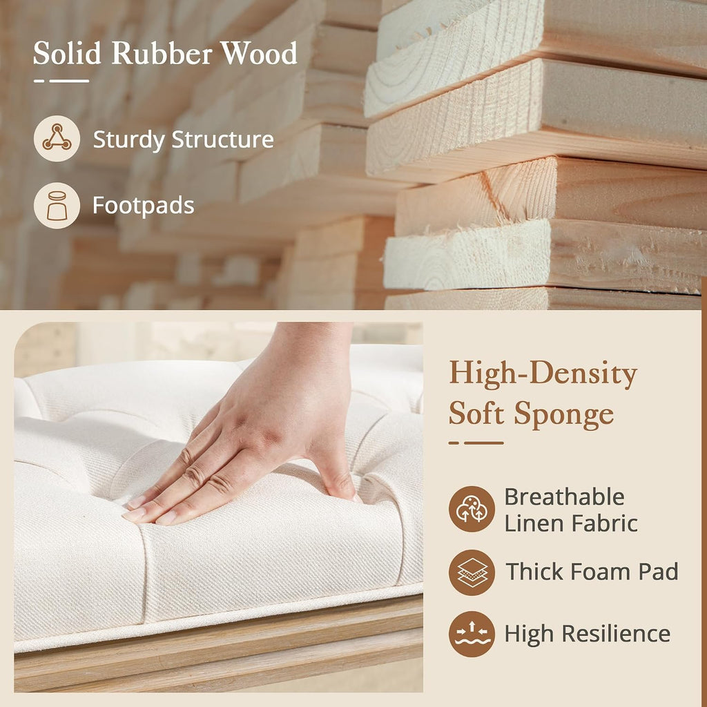 LUE BONA 60' Fabric End of Bed Bench, Upholstered Tufted French Bedroom Bench with Carved Legs for Bedroom End of King Size Bed, Living Room, Beige
