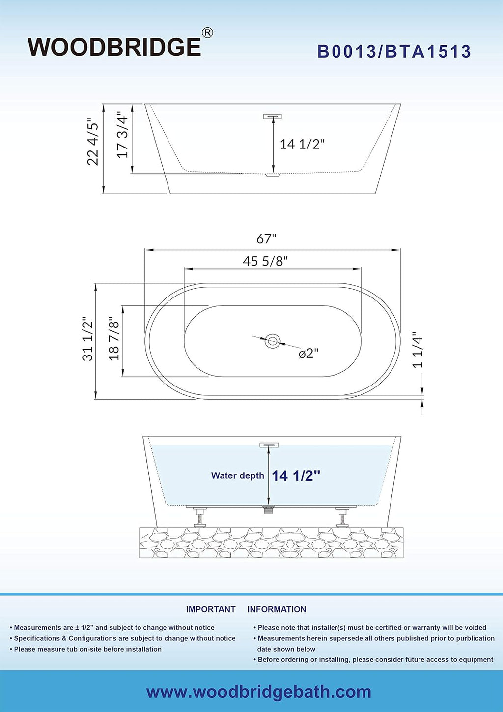 WOODBRIDGE B0013-B/N-Drain &O Bathtub, Brushed Nickel