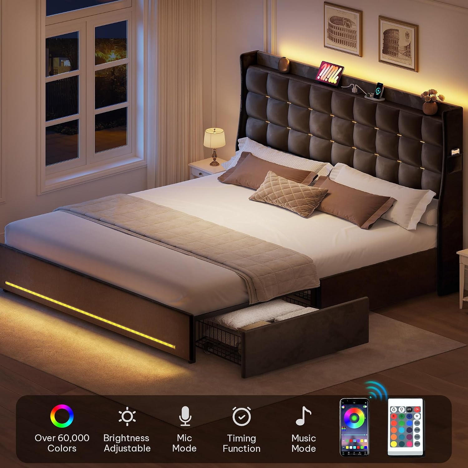 YITAHOME Queen Size Bed Frame with 4 Drawers and RGB LED Lights, Velvet Upholstered Platform Bed with Charging Station and Storage Headboard, No Box Spring Needed, Easy Assembly, Noise-Free, Grey