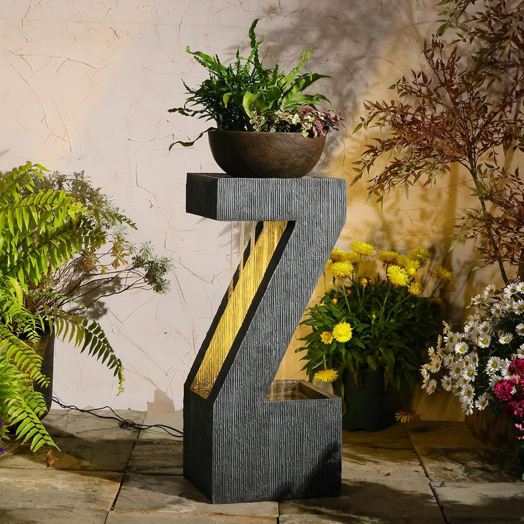 32' Modern Z-Shaped Rain Curtain Outdoor Fountain with LED Lights, Gray Resin Cascading Waterfall Water Feature for Patio, Backyard, Garden or Porch