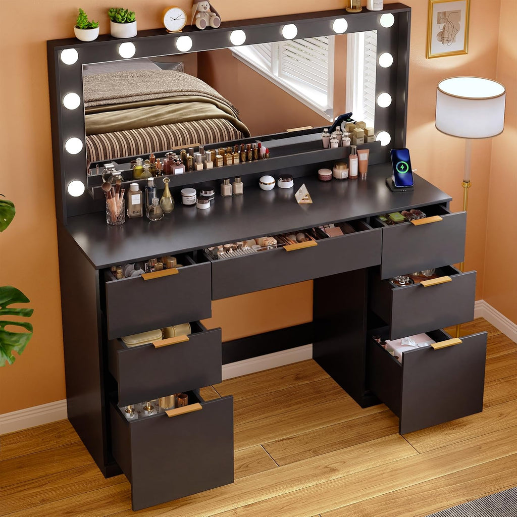 ALEXNUTRE Vanity Desk with Mirror and Lights, 45.3in Makeup Vanity with 7 Drawers & Large Mirror, Vanity with 3-Color Adjustable Lighting & Charging Station, Make Up Vanity for Bedroom