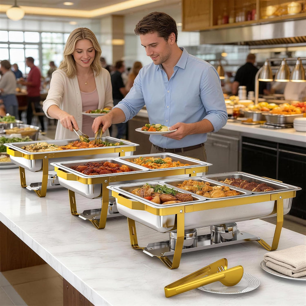 4 Pack Stainless Steel Chafing Dishes for Buffet, 9 QT Capacity with 7 Pans and Serving Utensils Food Warmers for Parties, Weddings, Events Hosting, Family Gatherings,Upgraded Base Design