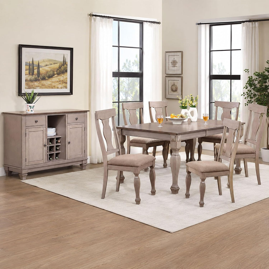 Kings Brand Furniture Charisma 8-Piece Dining Room Set – 2-Tone Brown Solid Wood Extendable Table with 18 inches Butterfly Leaf, 6 Upholstered Chairs and Buffet Server, Traditional Dining Furniture