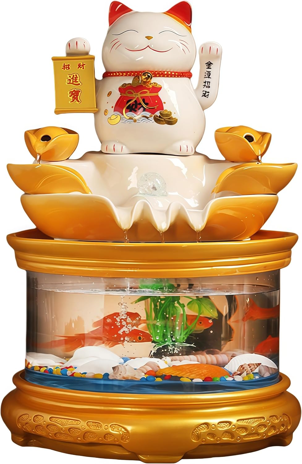 Tabletop Water Fountain Indoor with Maneki Neko, Money Lucky Cat, Fish Tank Decorations for Feng Shui Decor & Gifts for Home, Feng Shui Statue, Chinese New Year Decoration, Chinese Decor & Gifts (C)