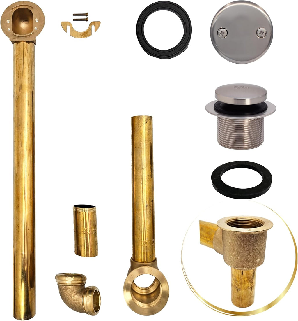 Westbrass 7931817-DC-07 22' Direct Connect 17 Gauge Brass Waste and Overflow with Tip-Toe Drain Trim, Satin Nickel