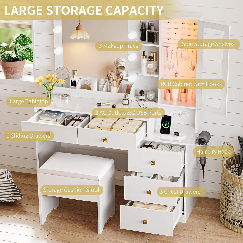 Vanity Desk with Mirror and Lights, Makeup Vanity Table Set with 5 Storage Drawers, Power Outlet & Chair, Small Dressing Table with RGB Ambient Light, Adjustable Brightness for Girls Bedroom, White
