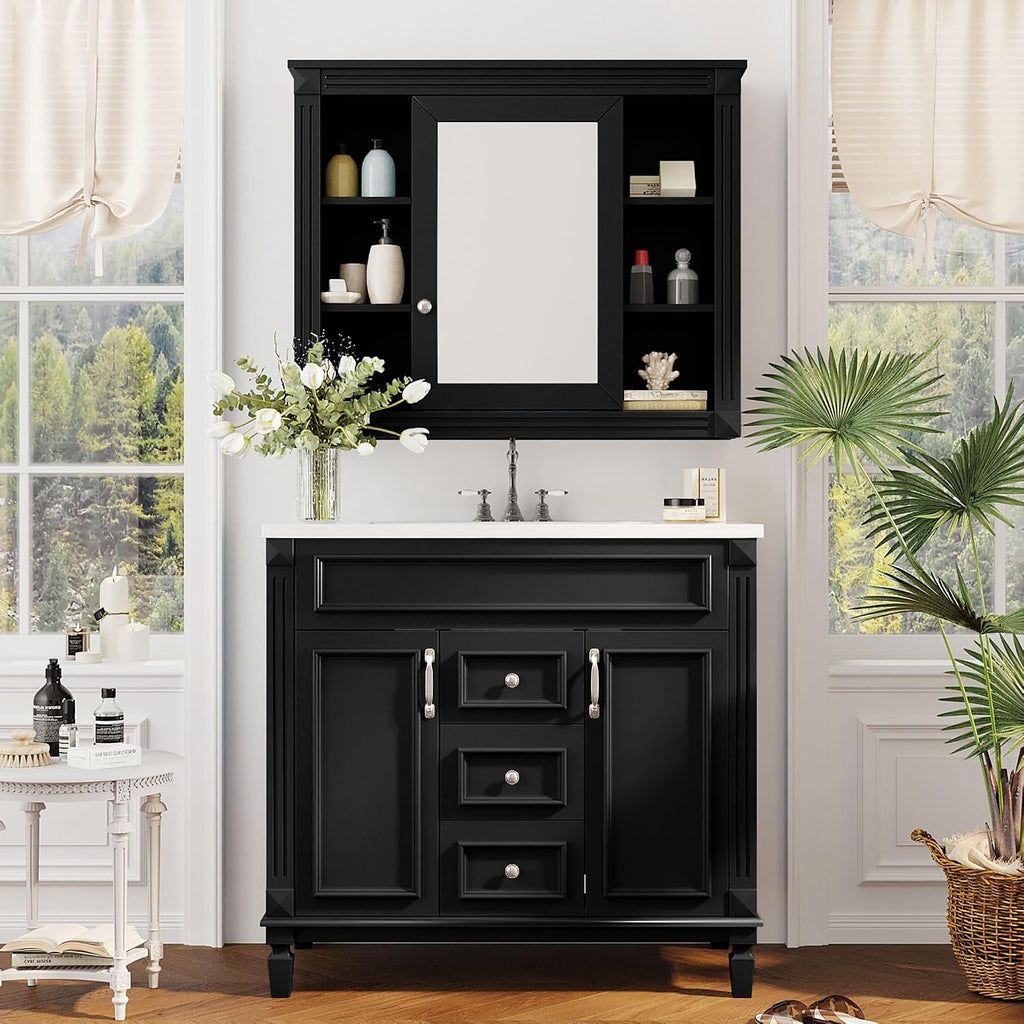 Merax Medicine Cabinet with Mirror, Wall Mount Bathroom Cabinet Over Toilet Storage Cabinet Organizer with Door and Open Shelves, Mirrored Bathroom Wall Cabinet
