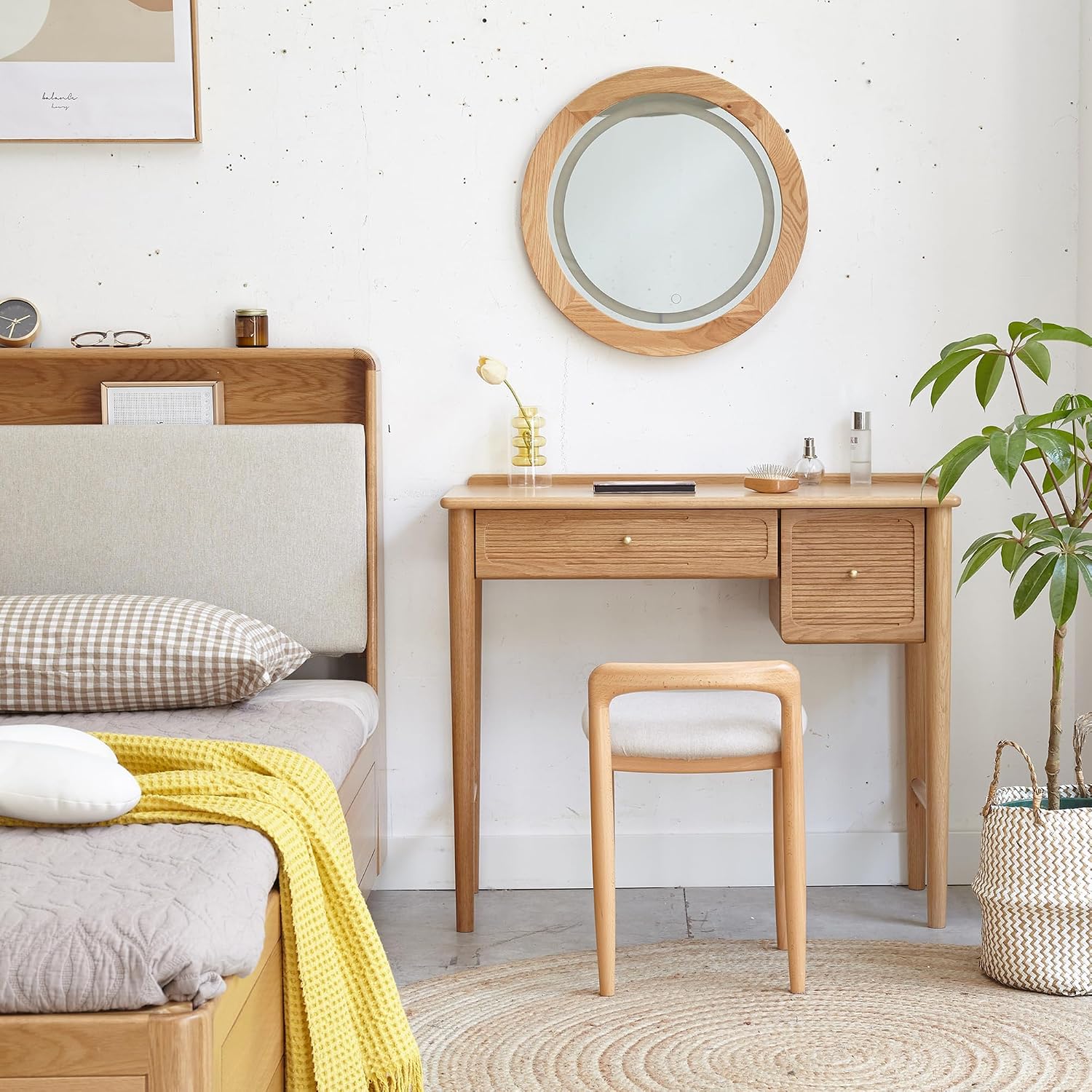 Vanity Desk Stool Chair with Back, 16' H Natural Beech Wood Makeup Vanity Chair, Small Cute Vanity Bench Seat with Soft Cushion, Dressing Ottoman for Makeup Room, Bedroom, Living Room