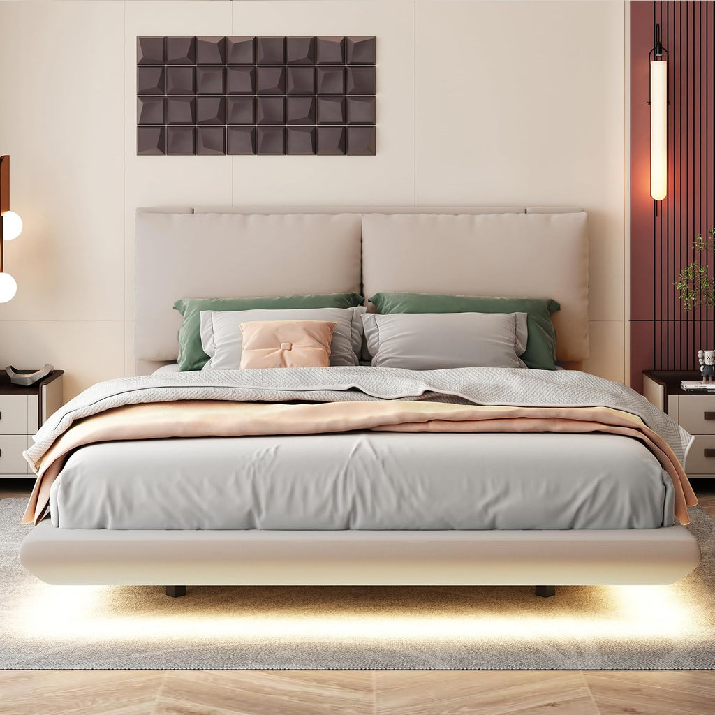 Ball & Cast Queen Size Floating Bed Frame,Velvet Upholstered Platform Bed with Sensor Light and 2 Large Backrests,Two Sets of USB Port,Slat Support,No Box Spring Needed,for Apartment,Bedroom,Beige