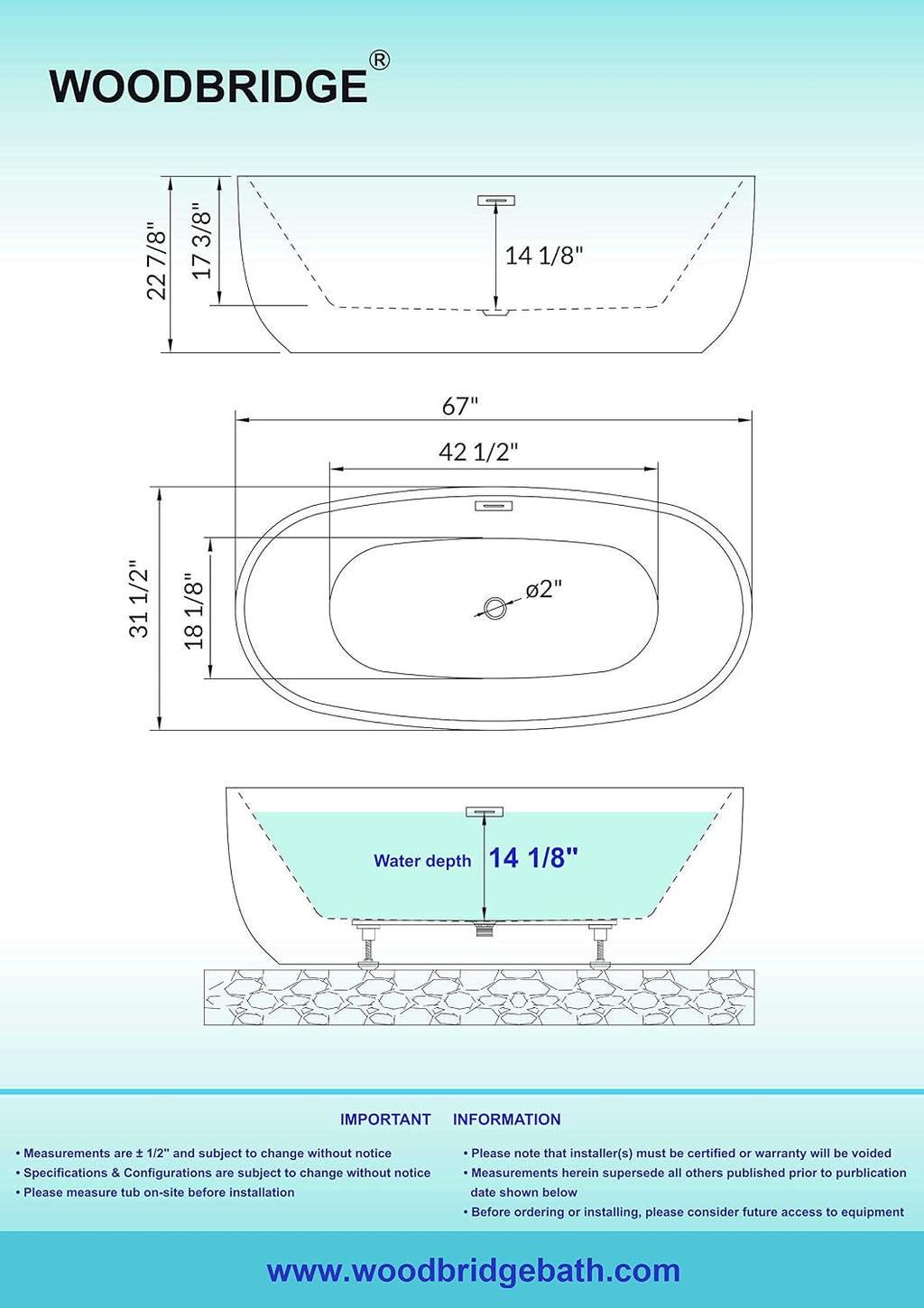 WOODBRIDGE 67' Acrylic Freestanding Bathtub Contemporary Soaking White Tub with Oil Rubbed Bronze Overflow and Drain，BTA1528-ORB