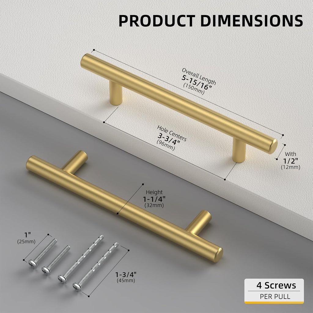 Goldenwarm 100 Pack Brushed Brass Cabinet Cupboard Drawer Door Handle Pull Knob for Furniture Kitchen Hardware 3-3/4in Hole Centers