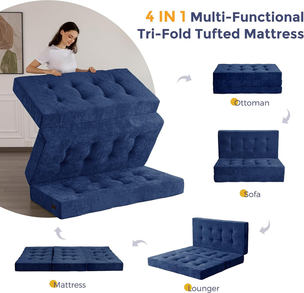 MAXYOYO 6' Folding Sofa Bed for Floor, Tufted Tri-Fold Floor Mattress with Chenille Fabric, Queen Size Portable Sofa Couch Guest Mat for Adults, Foldable Topper for Camping, Navy, 59'x78.7'