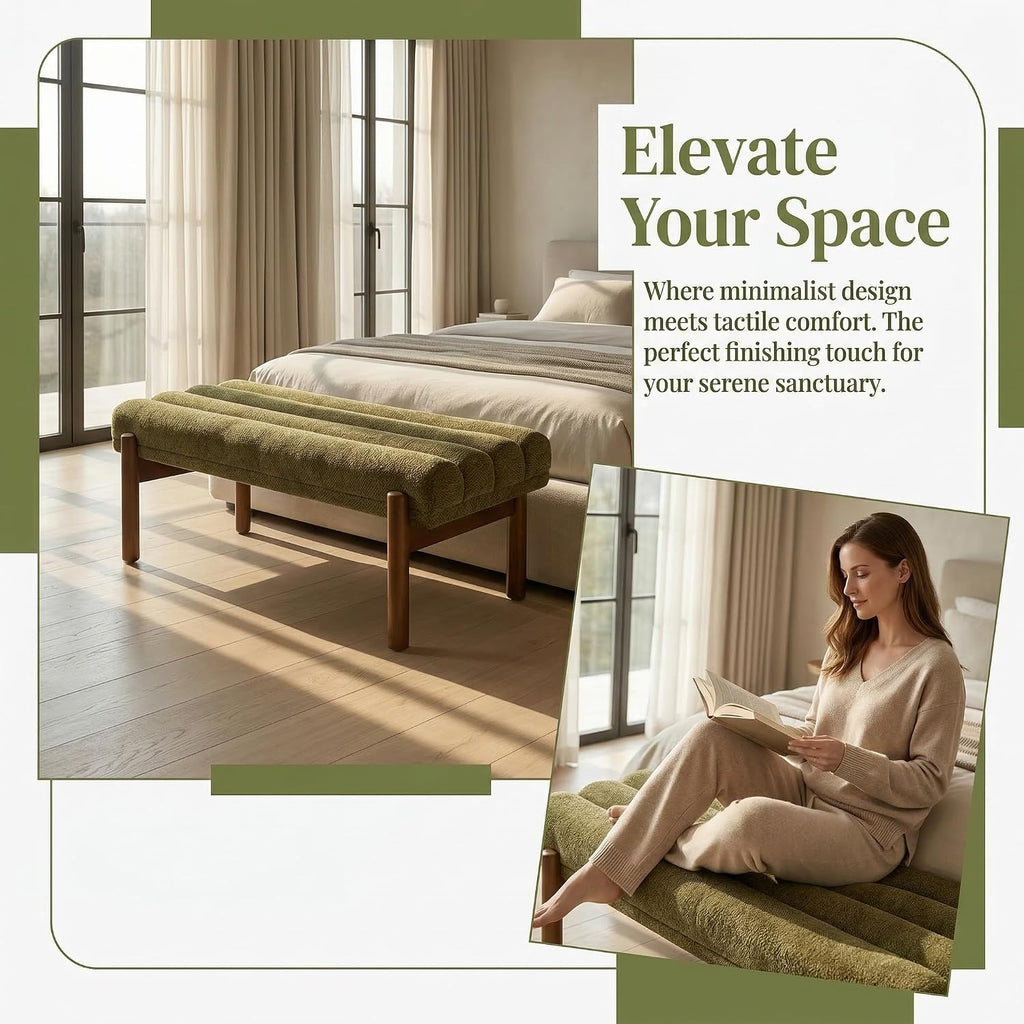 ROCITY Green Upholstered Bench Modern End of Bed Bench Chenille Fabric Bedroom Bench for Entryway Living Room Vanity Makeup Room, 47' Long, Wooden Legs