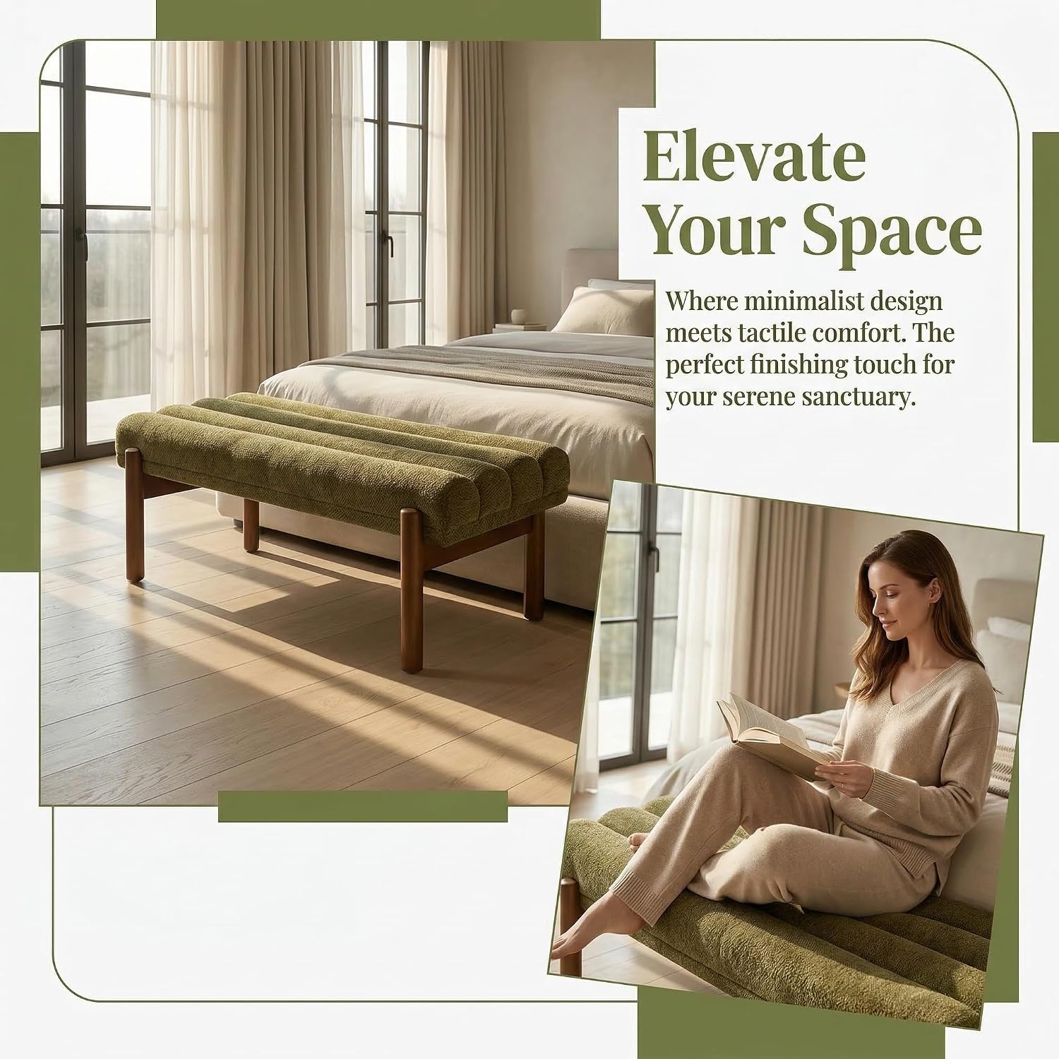 ROCITY Green Upholstered Bench Modern End of Bed Bench Chenille Fabric Bedroom Bench for Entryway Living Room Vanity Makeup Room, 47' Long, Wooden Legs