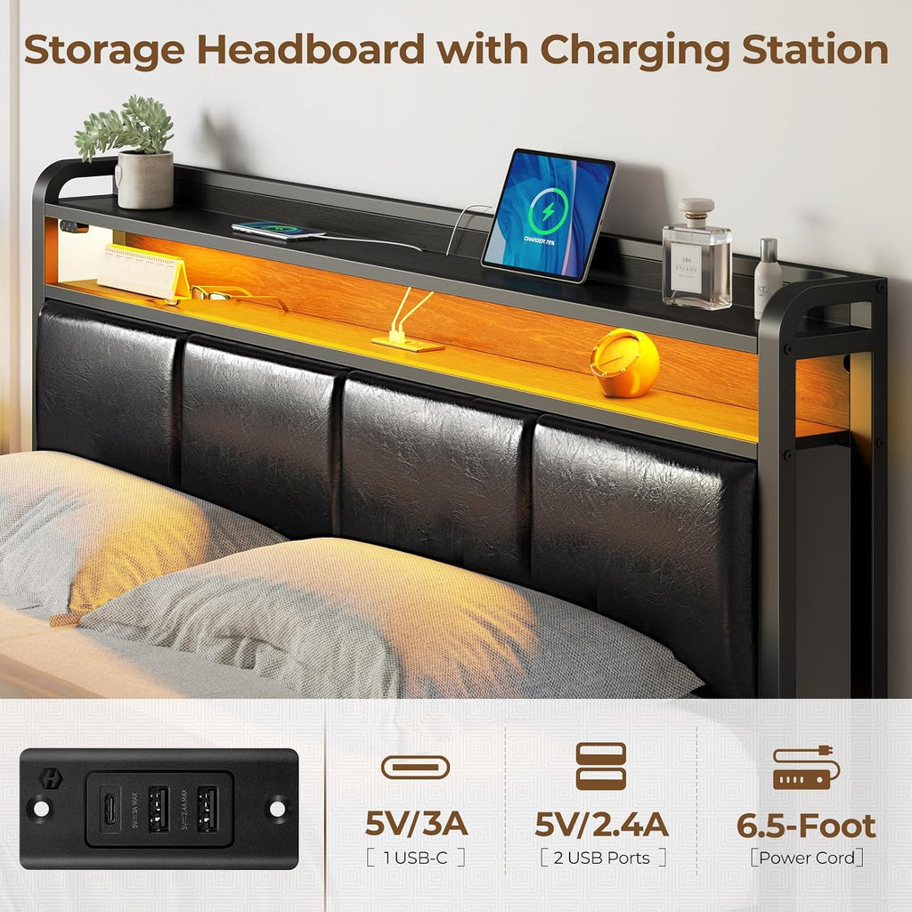 Rolanstar Bed Frame Full Size with Charging Station and LED Lights, PU Leather Headboard with Storage Shelves, Heavy Duty Metal Slats, No Box Spring Need, Noise Free, Easy Assembly, Black